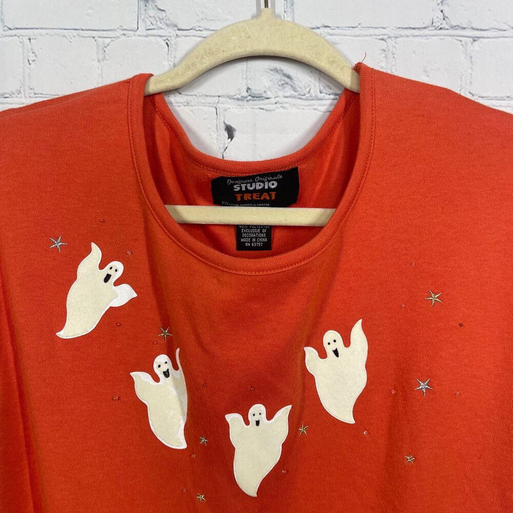 VTG Y2K Tunic Women Plus 2X Halloween Graphic Print Ghost Embroidered Bead Top - Picture 4 of 10